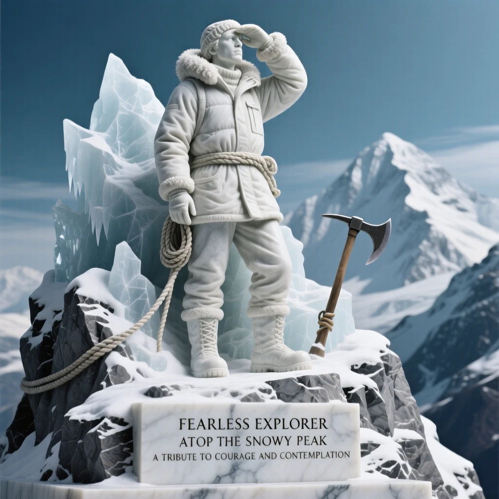 A vivid, emotionally rich scene of a fearless explorer atop a snowy peak, in a moment of quiet stillness, designed to captivate and inspire