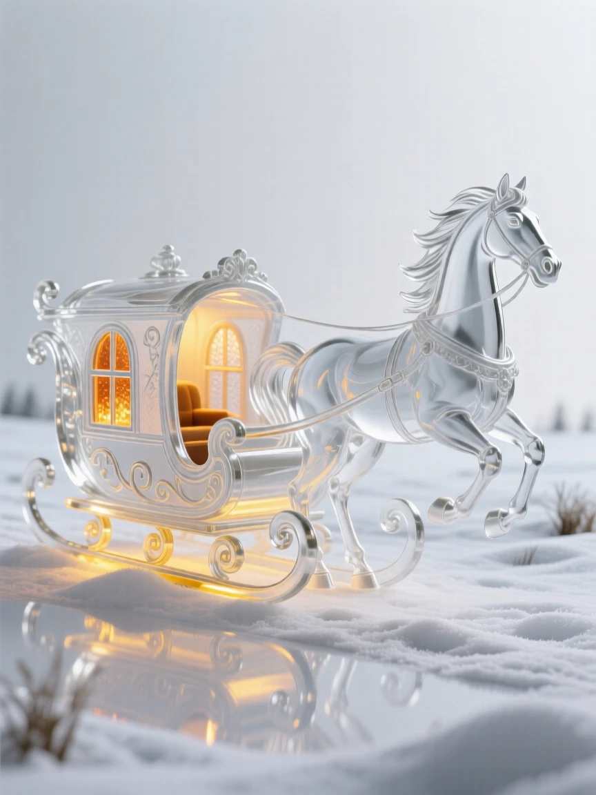 A horse-drawn sleigh gliding across a snow-covered field with warm light glowing from every window
