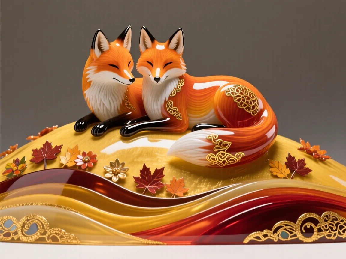 A pair of foxes resting together atop a golden autumn hillside, cozy and serene.