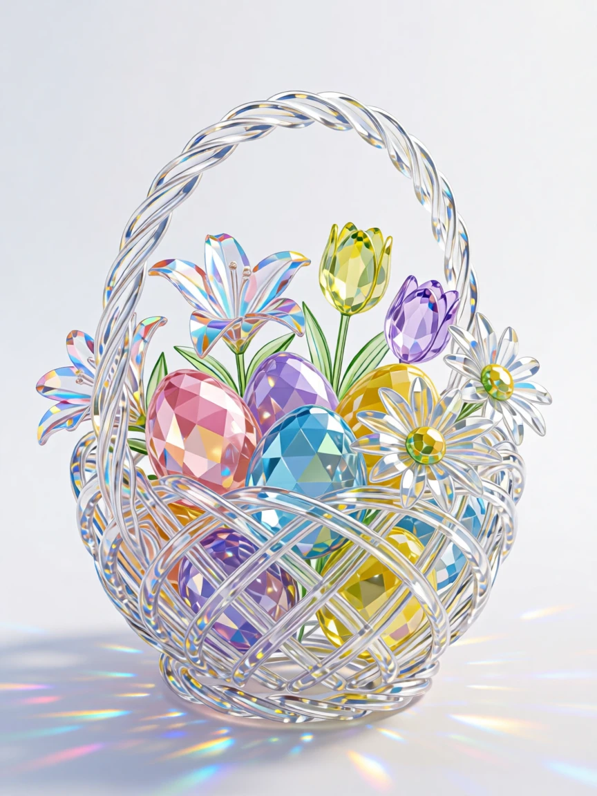 A springtime Easter basket filled with pastel eggs and fresh flowers.