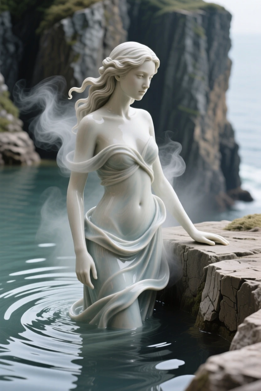A water nymph rising from a rippling pool perched watchfully at the edge of a cliff, wrapped in wisps of enchanted mist, radiating noble power tempered with gentleness.
