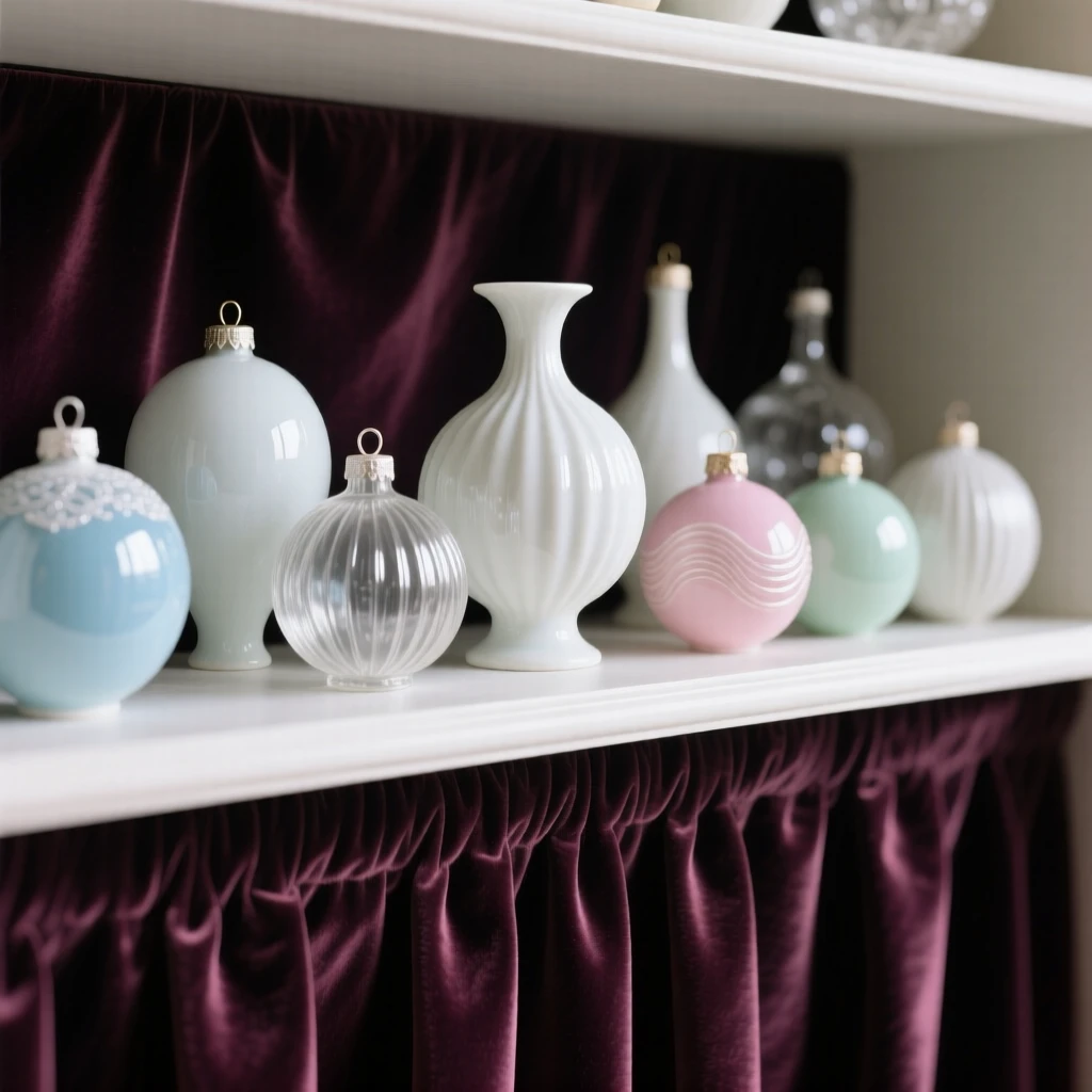A collection of glass ornaments arranged on a velvet-lined shelf, softly lit to highlight fine detail.
