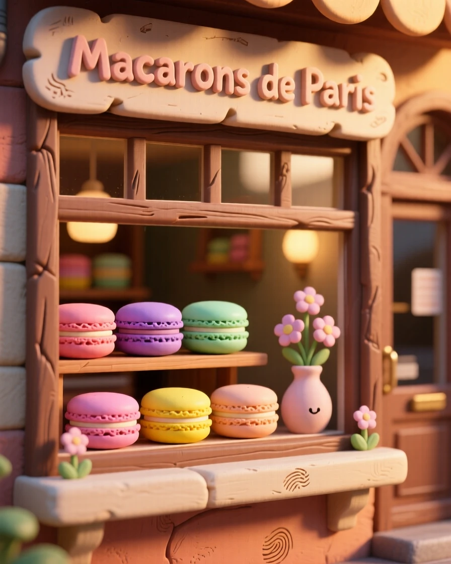 A colorful French macaron shop window display at golden hour