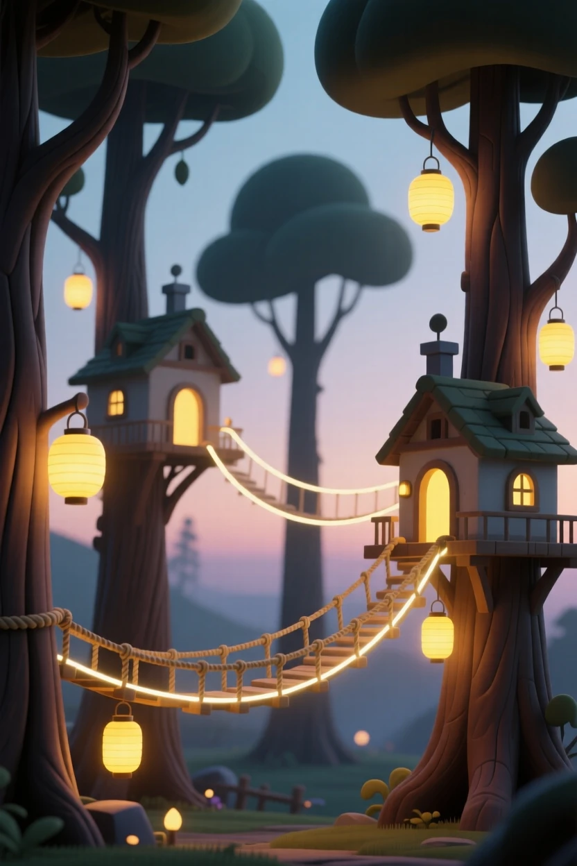 A magical treehouse village connects glowing rope bridges between towering ancient trees at dusk, lanterns flickering to life.