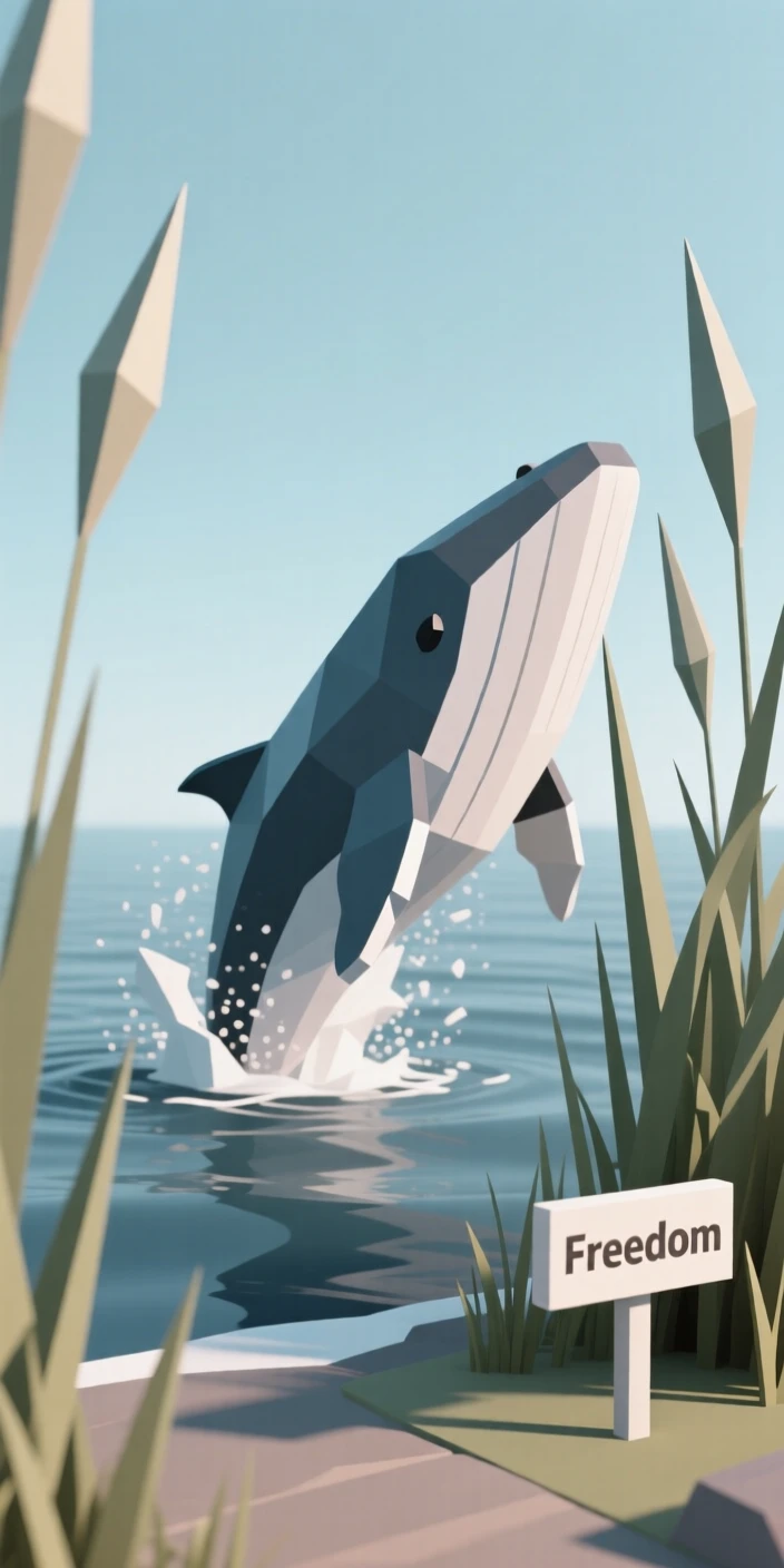 A humpback whale breaching the surface, amid tall swaying grass. soft natural light highlights every texture. It captures a fleeting moment of freedom.