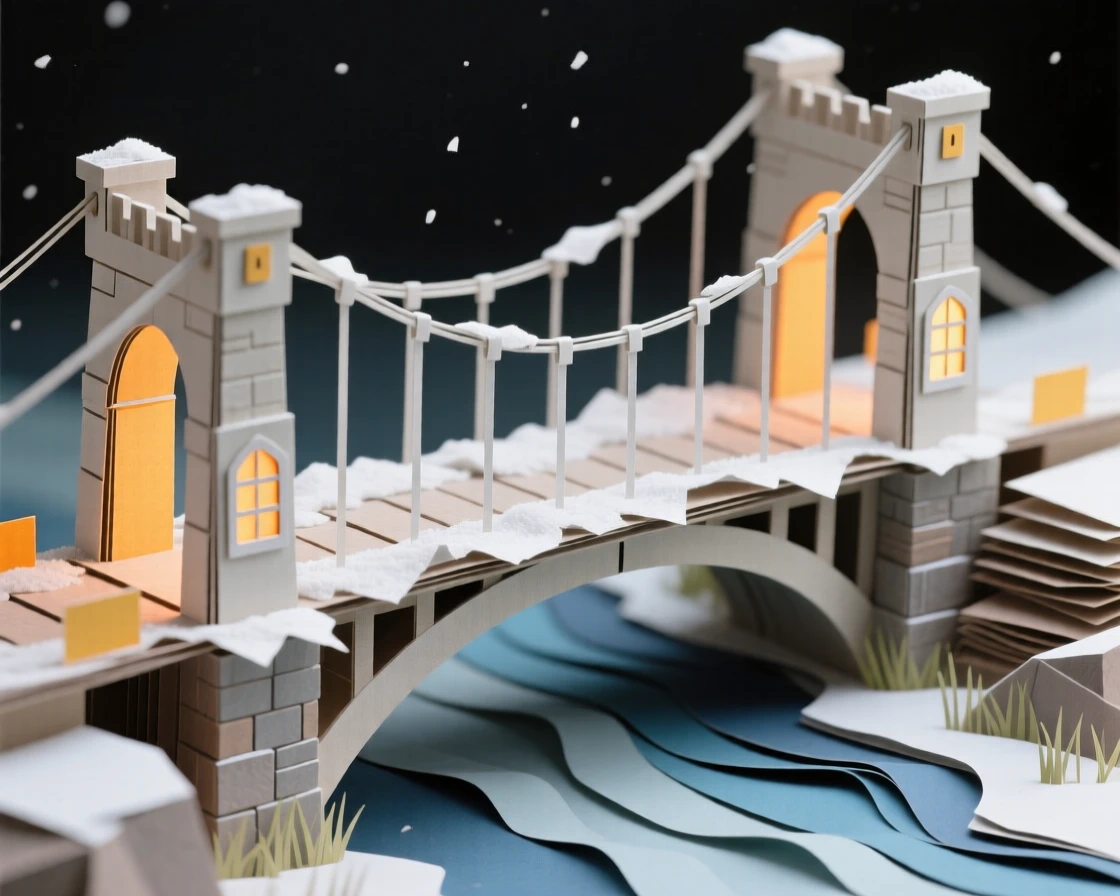A dramatic suspension bridge dusted with a light layer of fresh snow, with warm interior light spilling outward, capturing refined elegance and history.