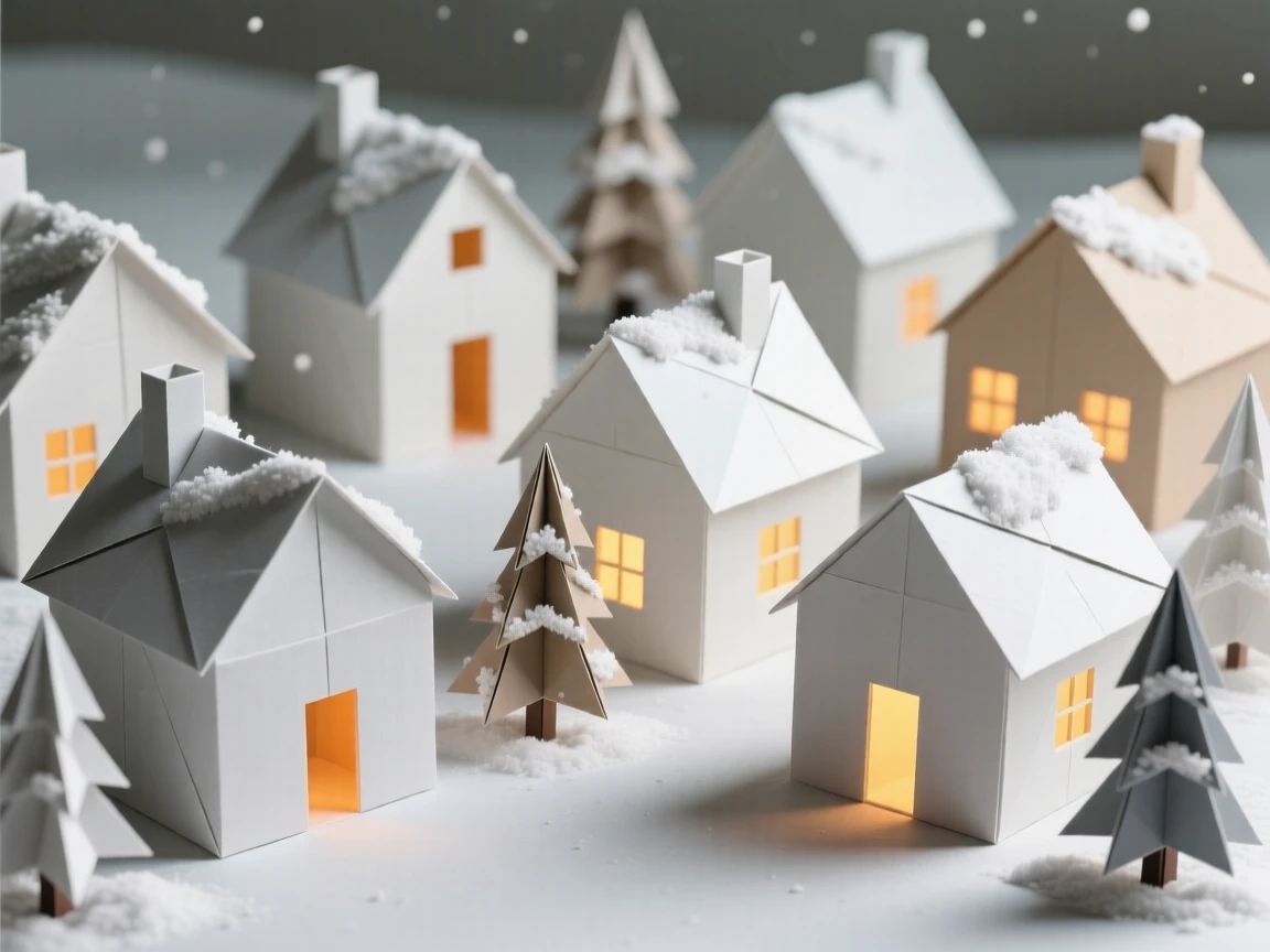 A Christmas village scene with snow-dusted rooftops and warmly lit windows.
