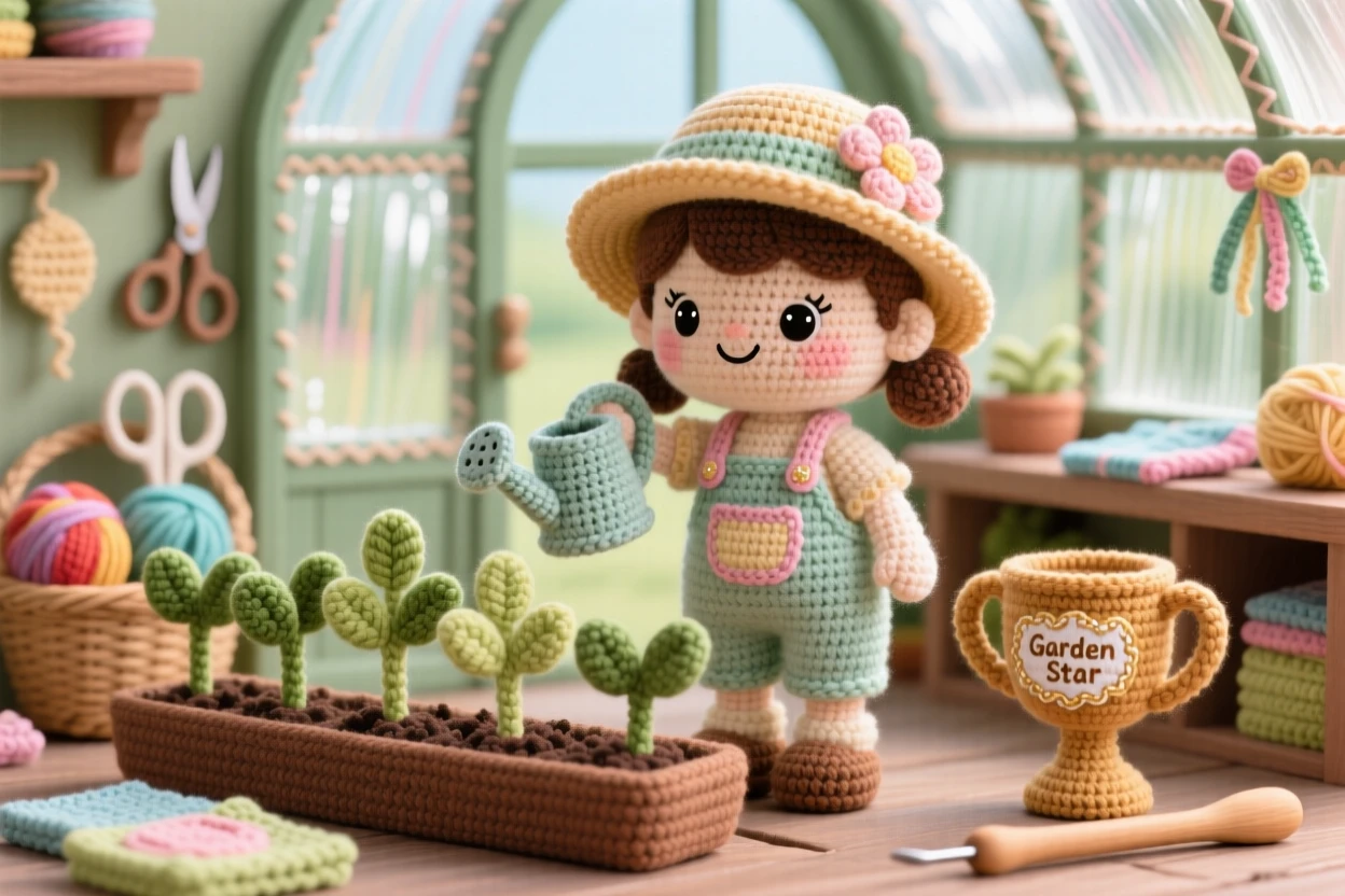 A cheerful scene of a little girl practicing gardening in a greenhouse with a small watering can, checking on a row of seedlings within a cozy craft room filled with supplies; a small trophy or ribbon nearby nearby, full of focused determination and quiet pride.