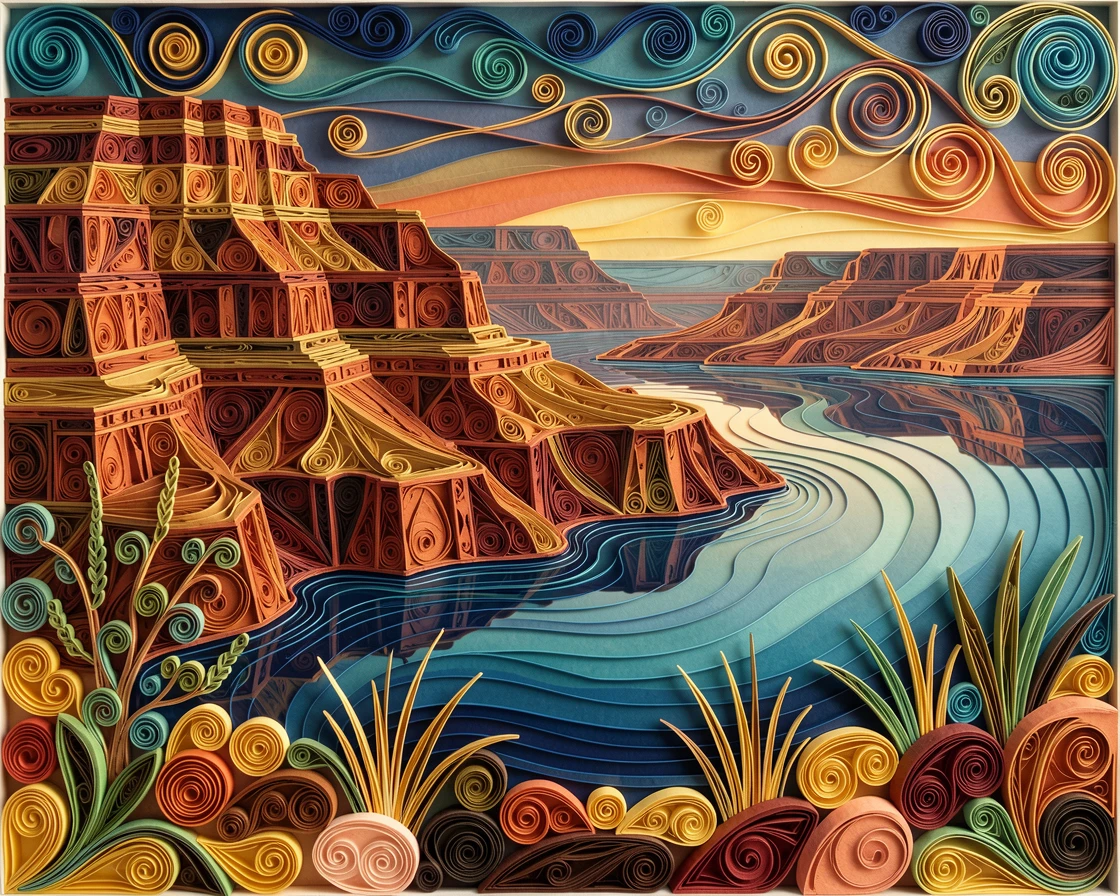 the Grand Canyon layered in warm desert hues, beside a calm reflective body of water, captured with warm foreground details leading to the horizon, in a rich palette of blue, teal, and gold.