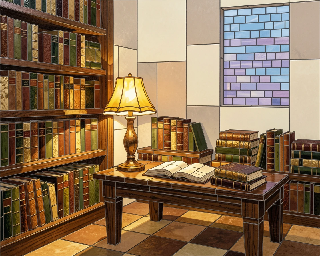 A cozy bookstore corner with stacks of old books and warm lamp light.