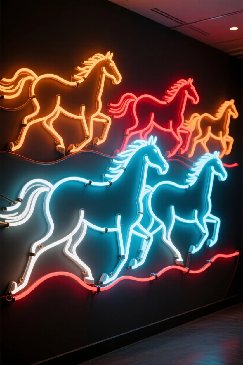 A herd of wild horses running freely across an open plain.
