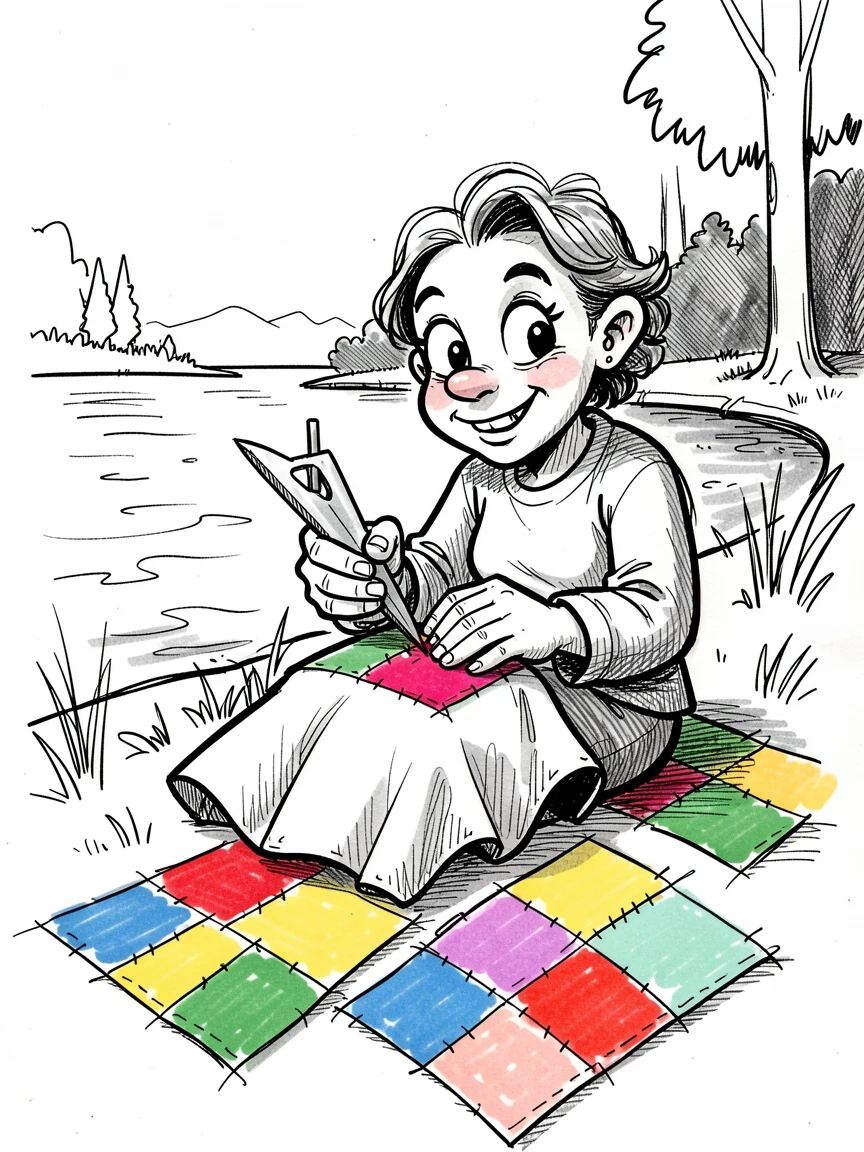 A quilter stitching together colorful fabric squares beside a lake during a peaceful afternoon.