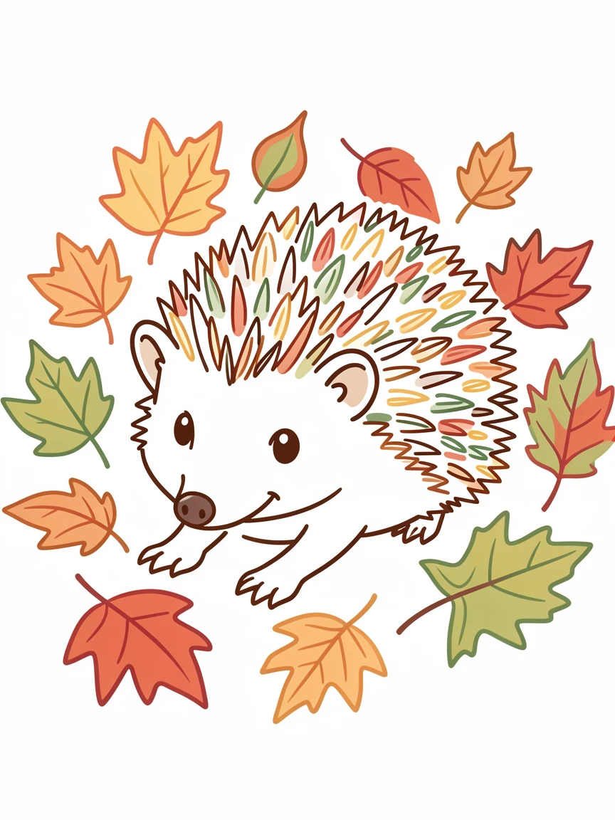 A close-up of a hedgehog exploring a bed of fallen autumn leaves.