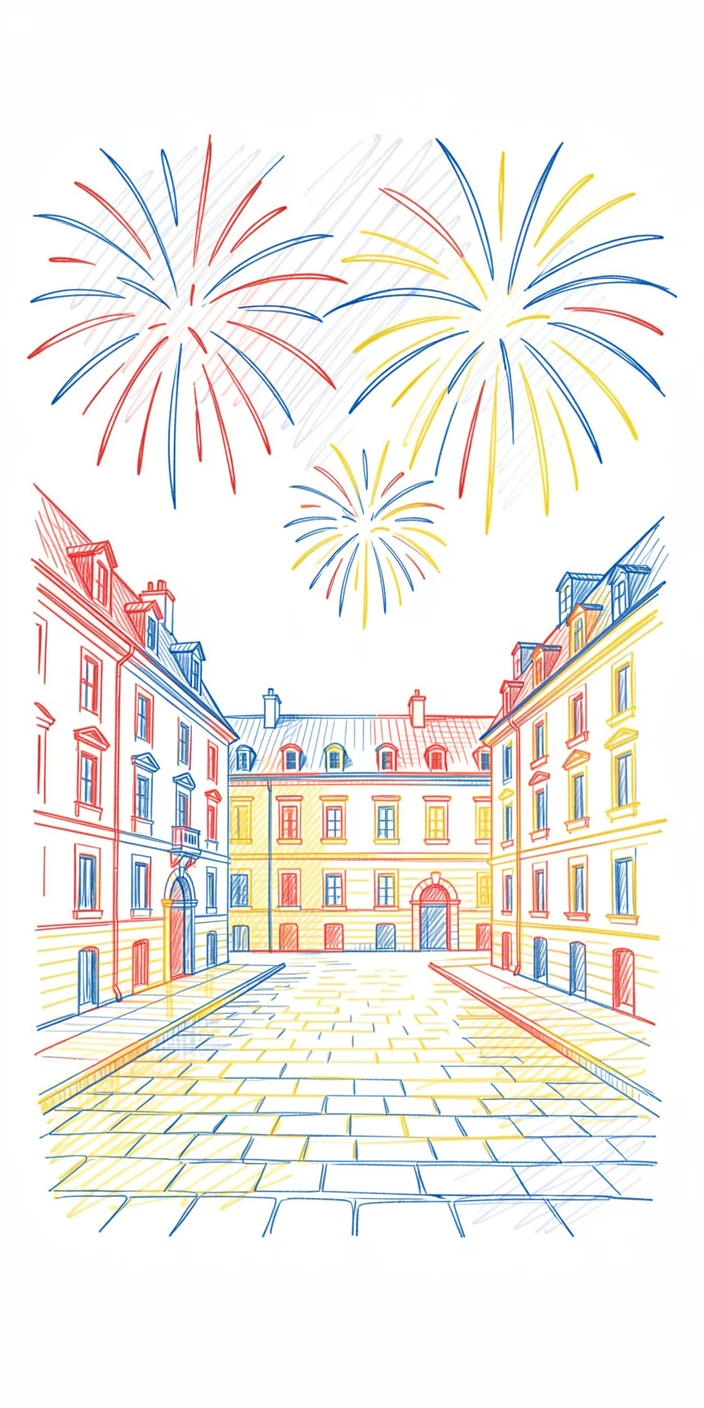 A festive Bastille Day celebration with fireworks over a historic square