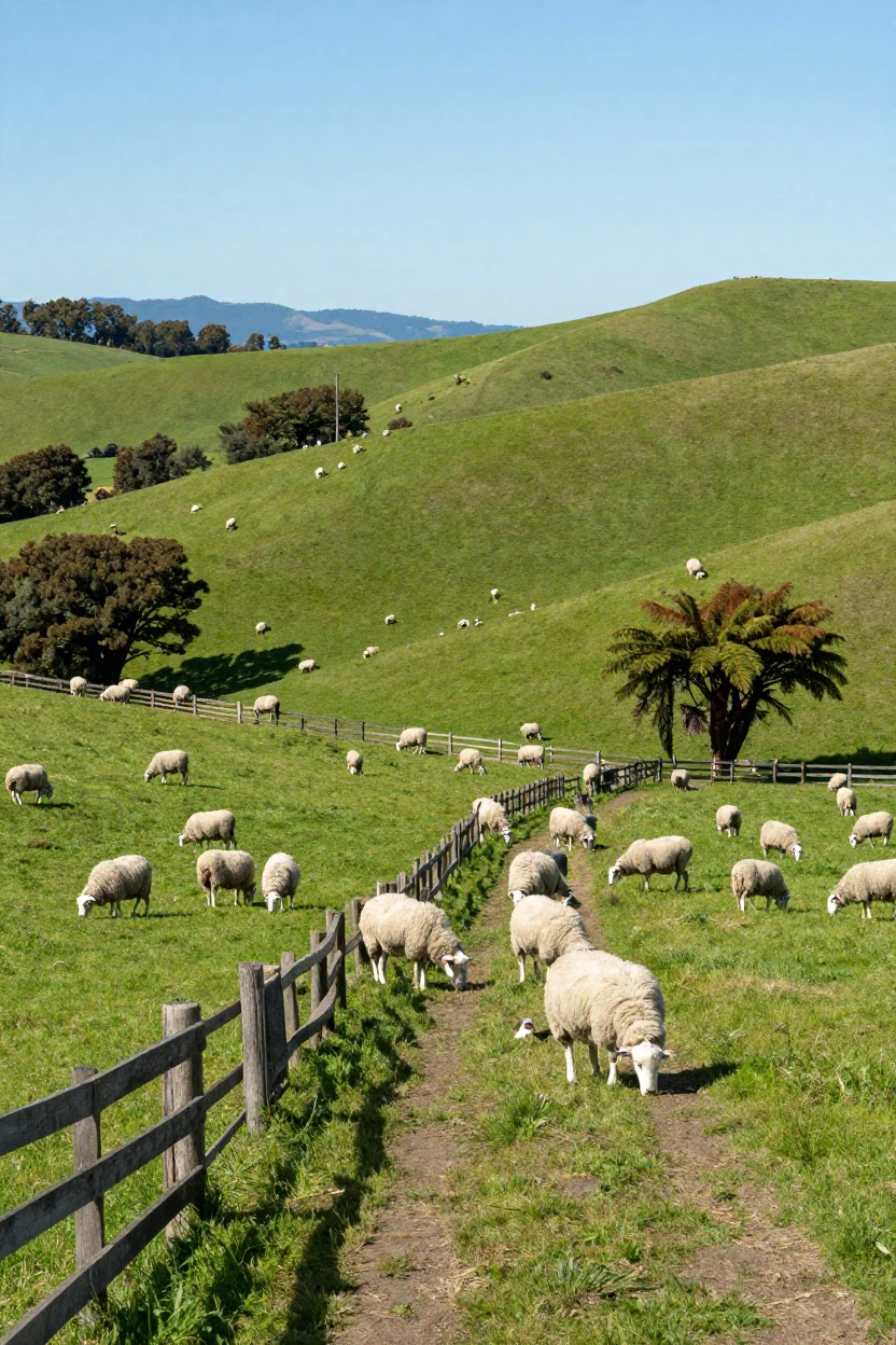 A New Zealand sheep farm with rolling green hills