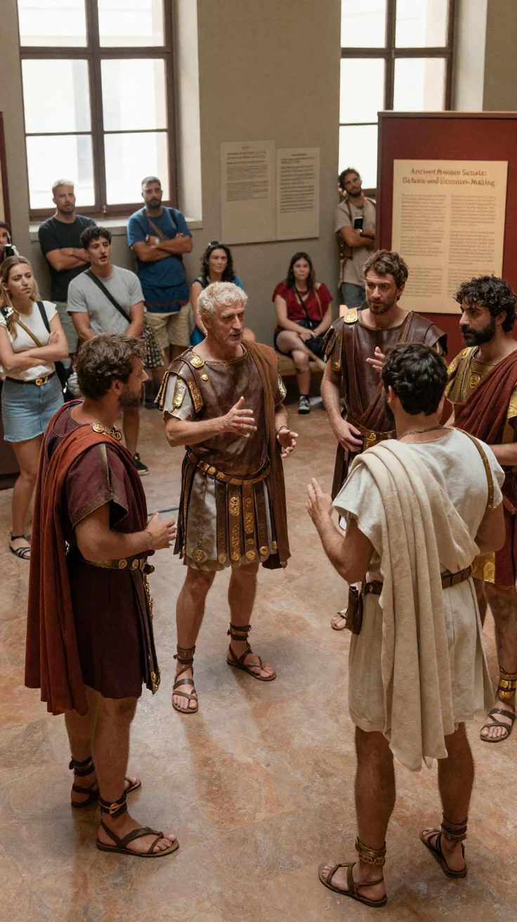 Actors in ancient Roman dress reenact a senate debate for a museum audience.