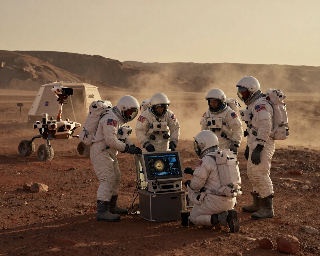 A crew of engineers mapping an uncharted region of the seafloor on the dusty surface of Mars