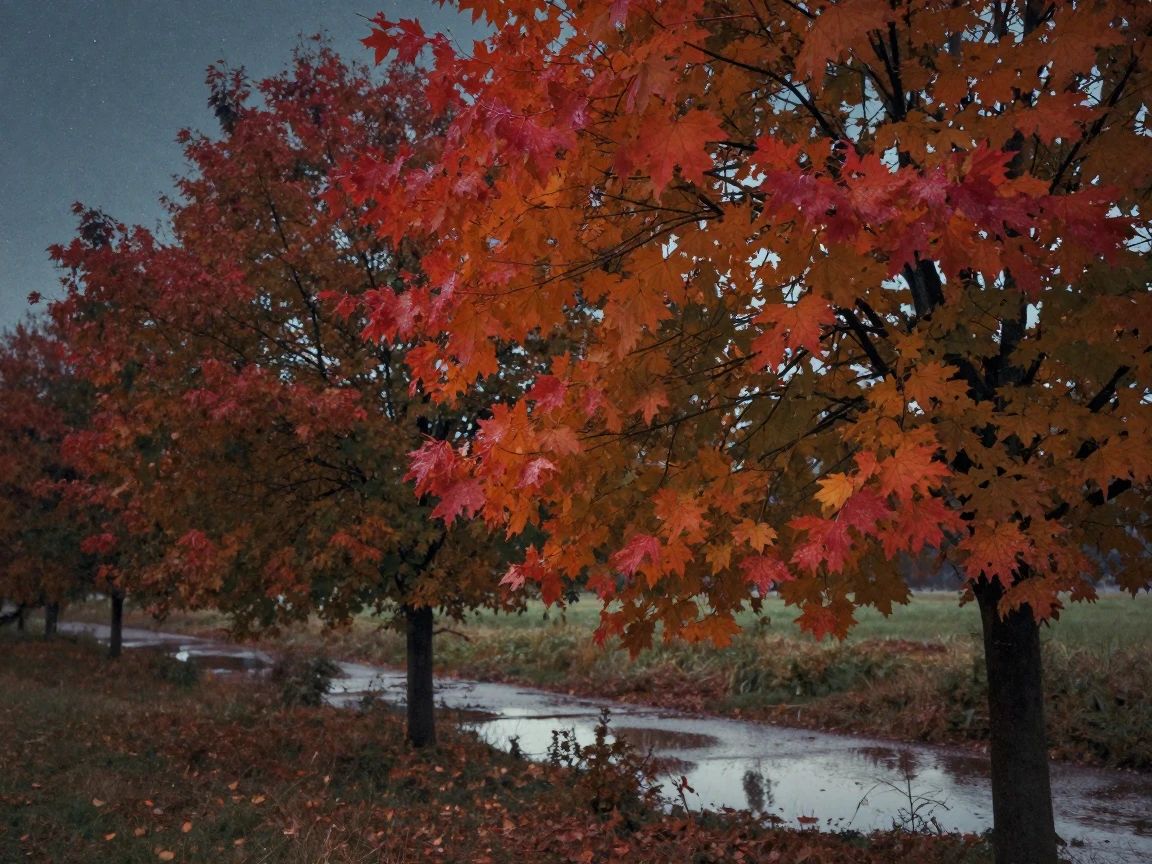 A canopy of autumn leaves in fiery reds and oranges overhead, under a canopy of stars, just after a rain shower, with puddles reflecting the sky, during the long days of summer, with muted olive and rust colors, from a three-quarter angle.