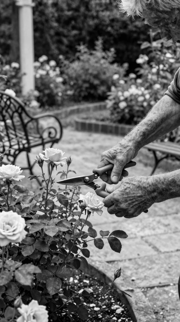 An elderly gardener prunes roses with careful hands in a quiet botanical courtyard.