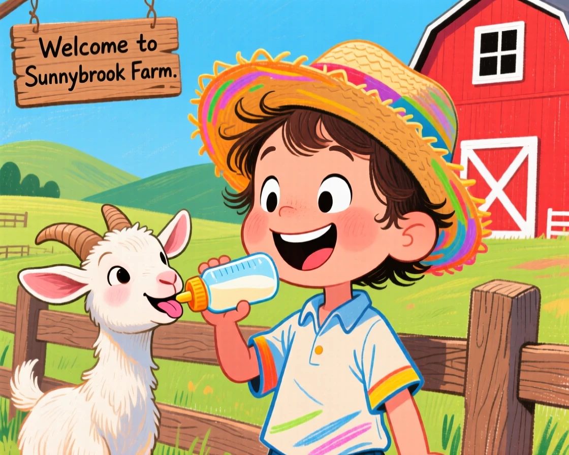 A child feeding a baby goat from a bottle at a countryside farm.