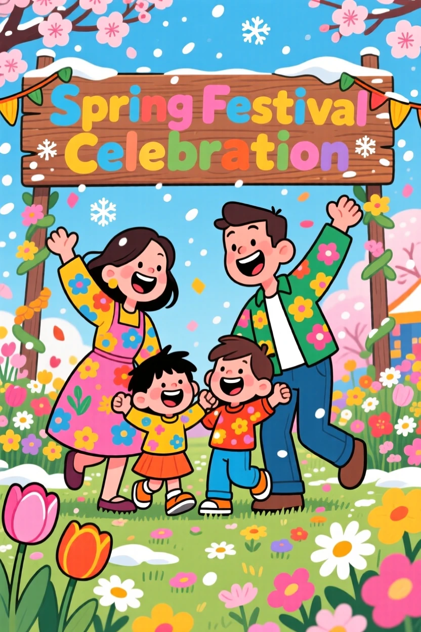 A festive celebration scene of a family celebrating a colorful spring festival with flowers everywhere, as snow gently falls around them.