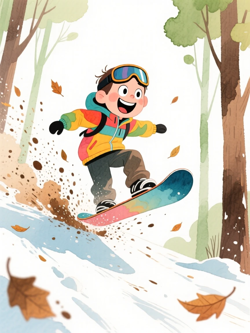 A snowboarder flying down a forest trail spraying dirt