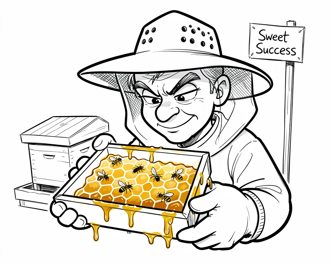 [Occupations & Hobbies] Detailed scene of a focused beekeeper inspecting finished work with pride, showcasing skill and dedication