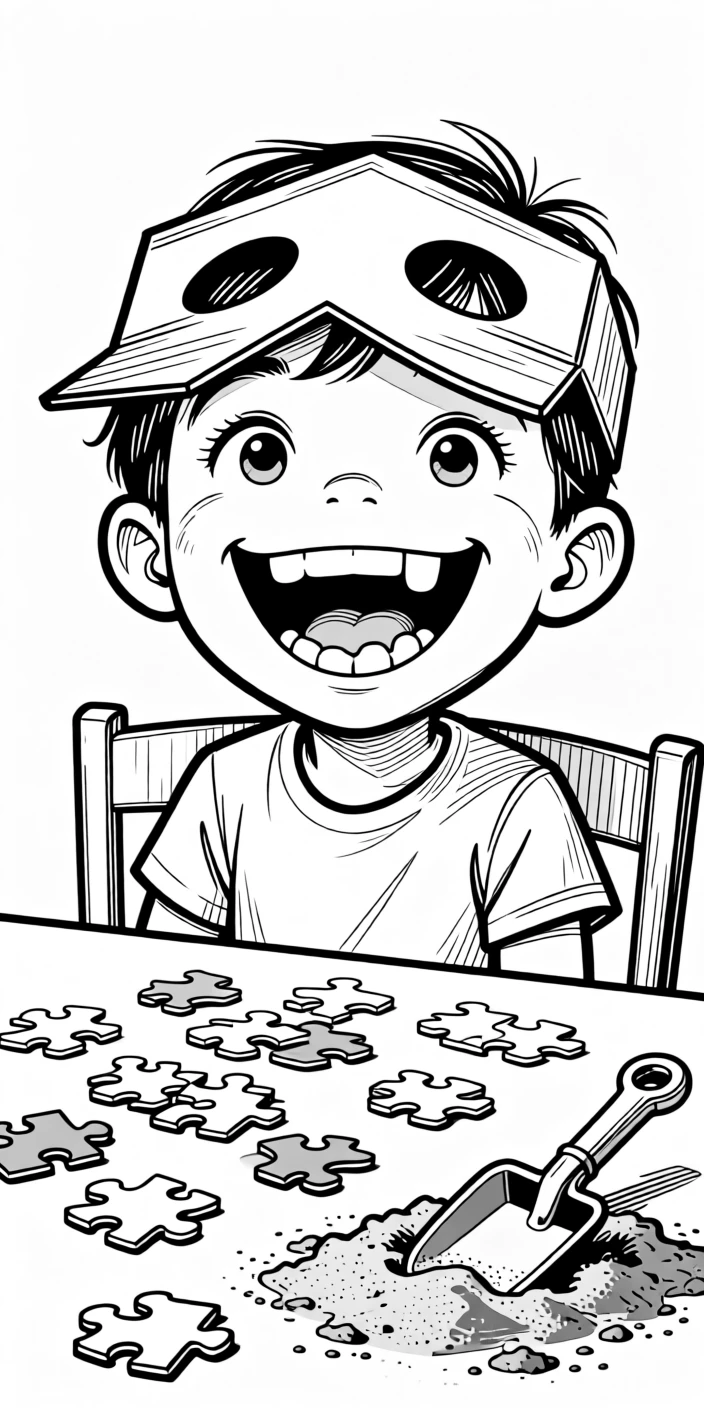 A kid triumphantly missing a tooth with a huge grin, peering through a crooked cardboard visor, set at a table scattered with puzzle pieces. A plastic shovel lies abandoned in the sand. The scene captures the wild imagination only kids have.