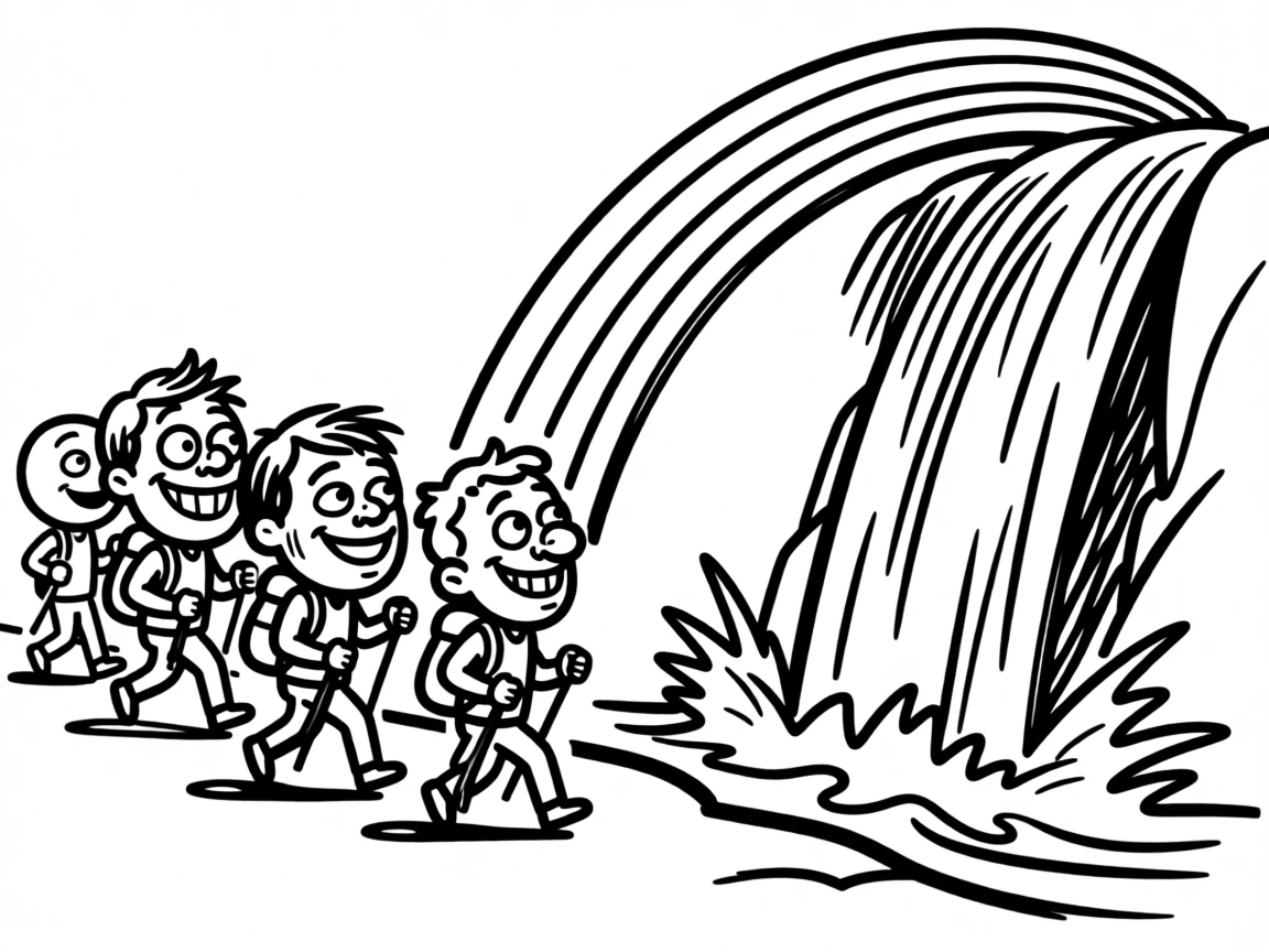 A group of hikers marveling at a rainbow arcing over a thundering waterfall.