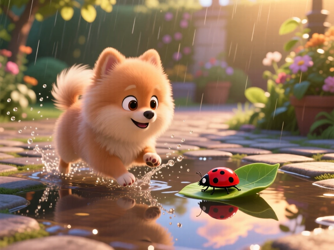 A fluffy Pomeranian is splashing in a shallow puddle after rain, watching a ladybug crawl by. The mood is soft, tender, and endearing, with warm colors filling the background.