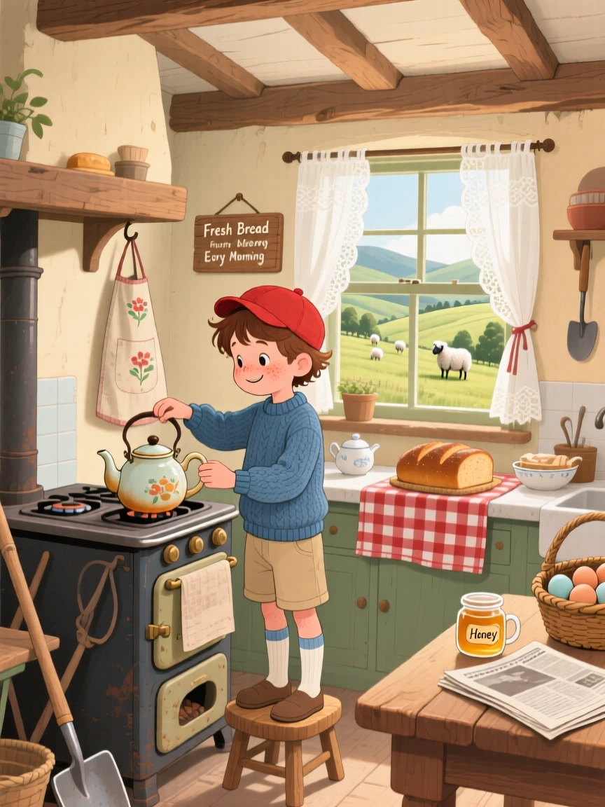 In a countryside farmhouse kitchen, a paperboy on his morning route is busy brewing a pot of tea for the afternoon, with the smell of fresh bread drifting through the air.