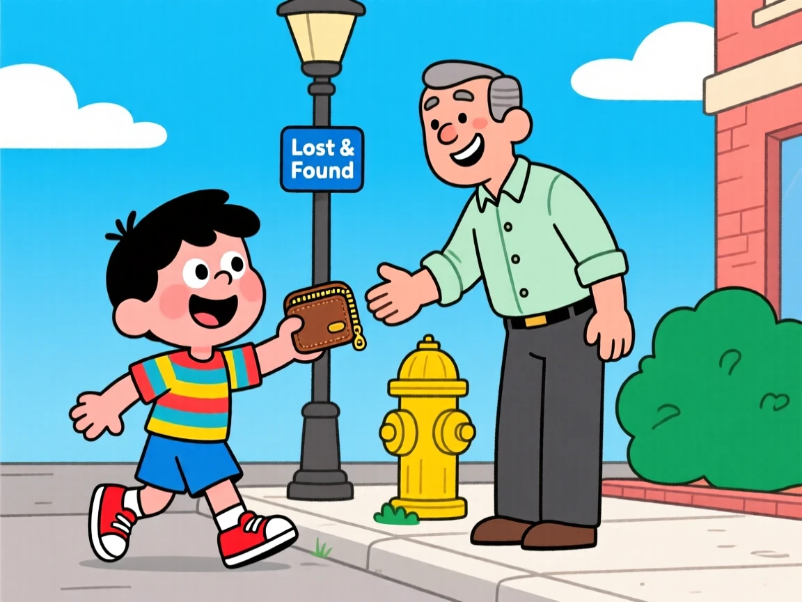A child returning a lost wallet to a grateful stranger.