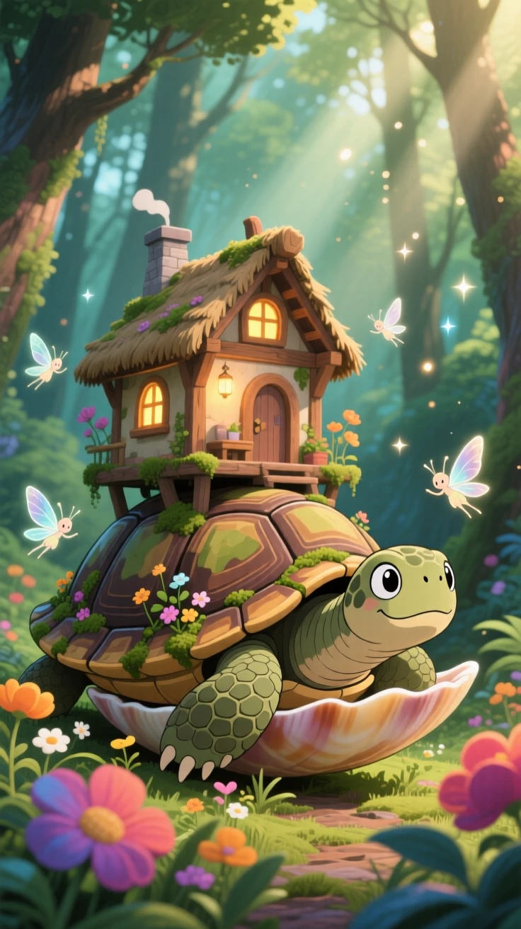 A cottage perched on the back of a giant turtle, where tiny winged spirits darting between the flowers can be seen nearby, the atmosphere mysteriously beautiful.