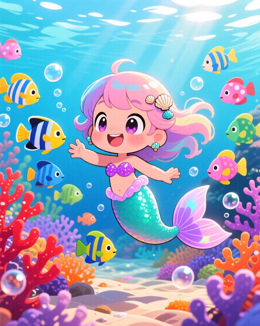A mermaid child playing tag with a school of colorful fish in a vibrant coral reef under a clear summer sky; warm fairy-light glow washes over the scene as bubbly enthusiasm fills the moment. Medium shot.
