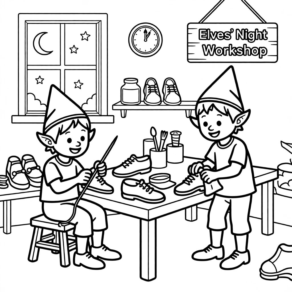 A shoemaker's elves finishing shoes overnight in a workshop