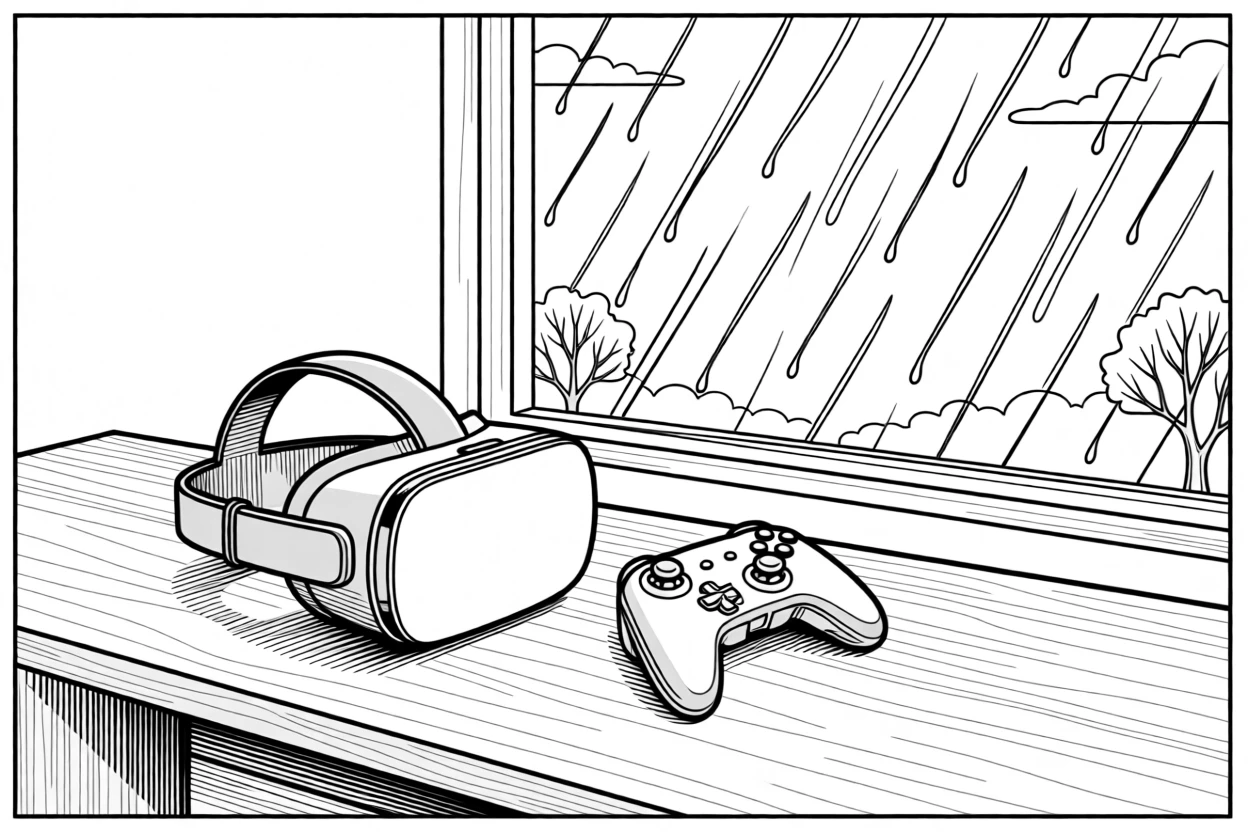 A VR headset resting beside a controller on a desk, with rain streaking down a nearby window.