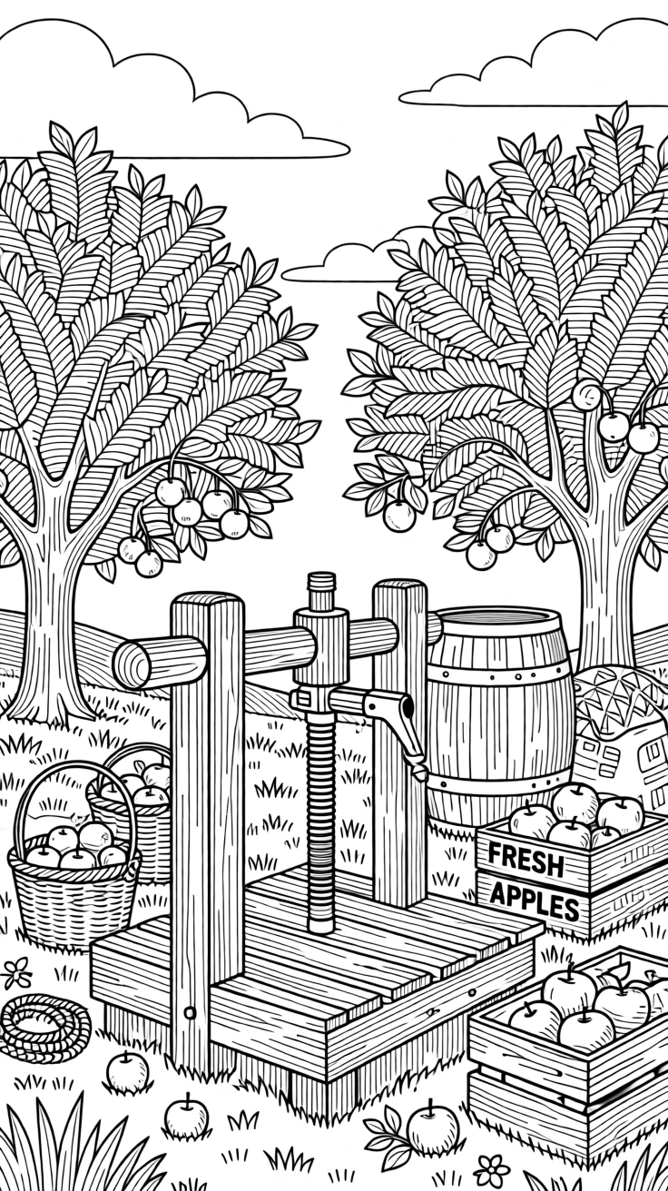 A rustic cider-pressing scene with baskets of apples and a wooden press.