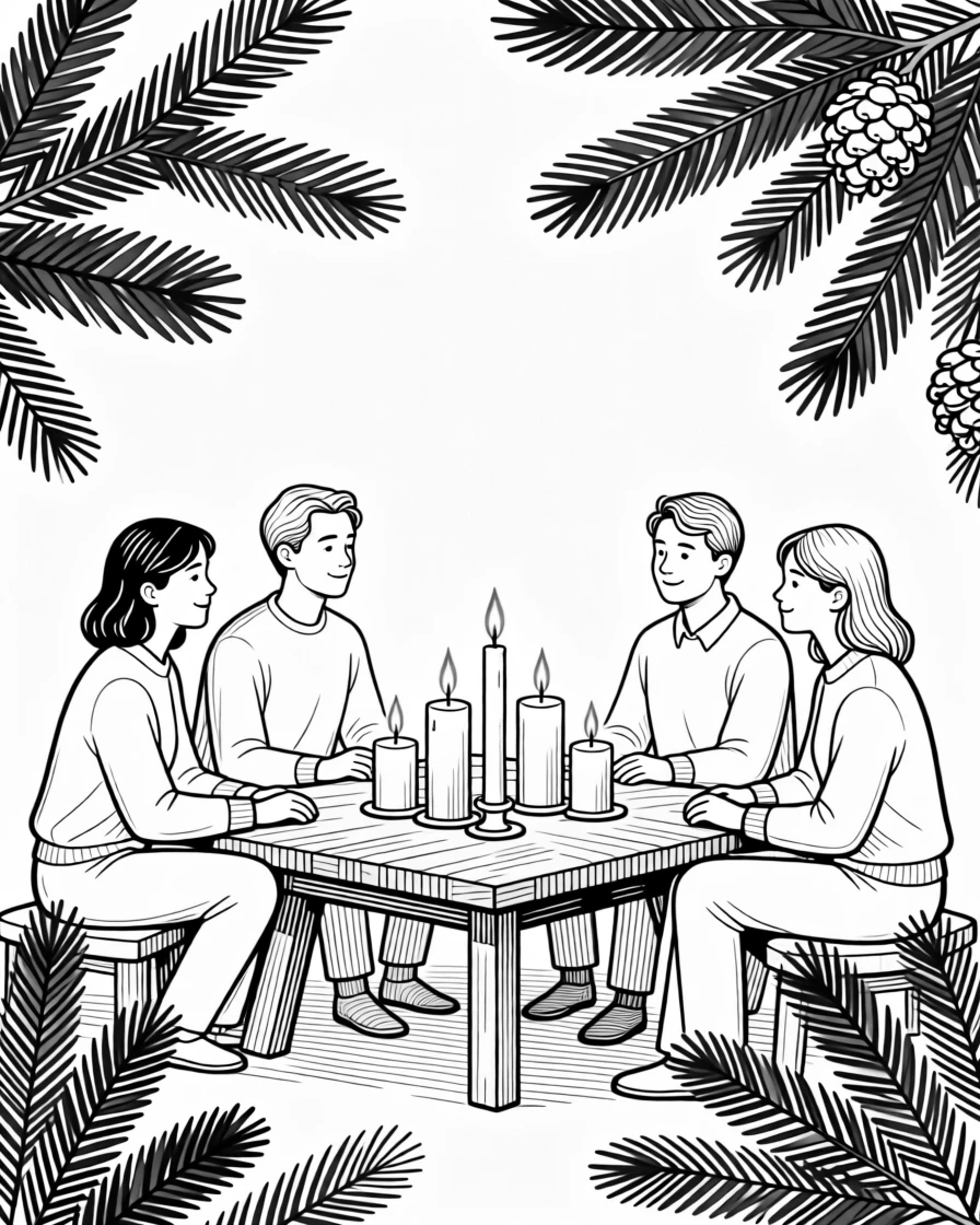 A winter solstice gathering with candles and evergreen branches