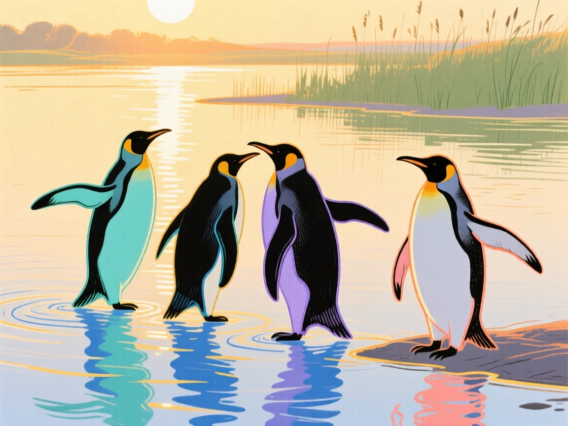 A group of penguins stretching in the morning light beside a still lake during golden hour.