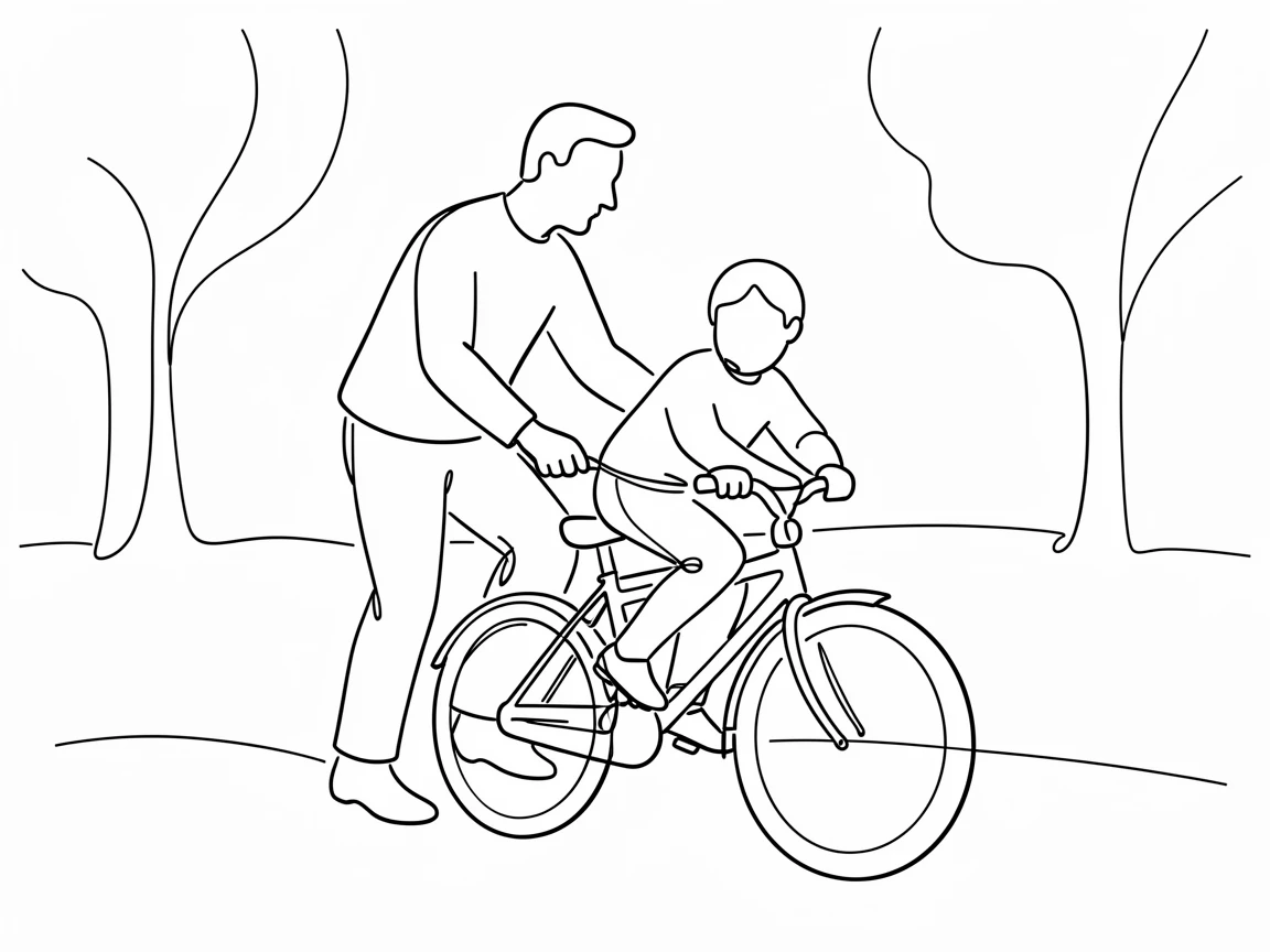 A father teaching his child to ride a bicycle in a quiet park