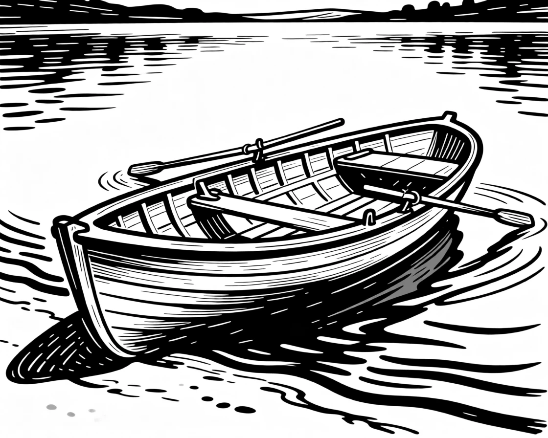A classic wooden rowboat resting on the shore of a still lake.