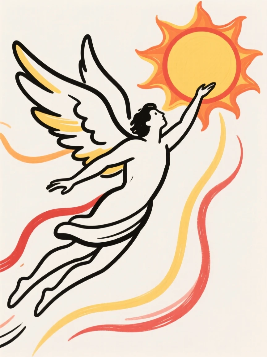 Icarus flying with wax wings too close to a blazing sun.