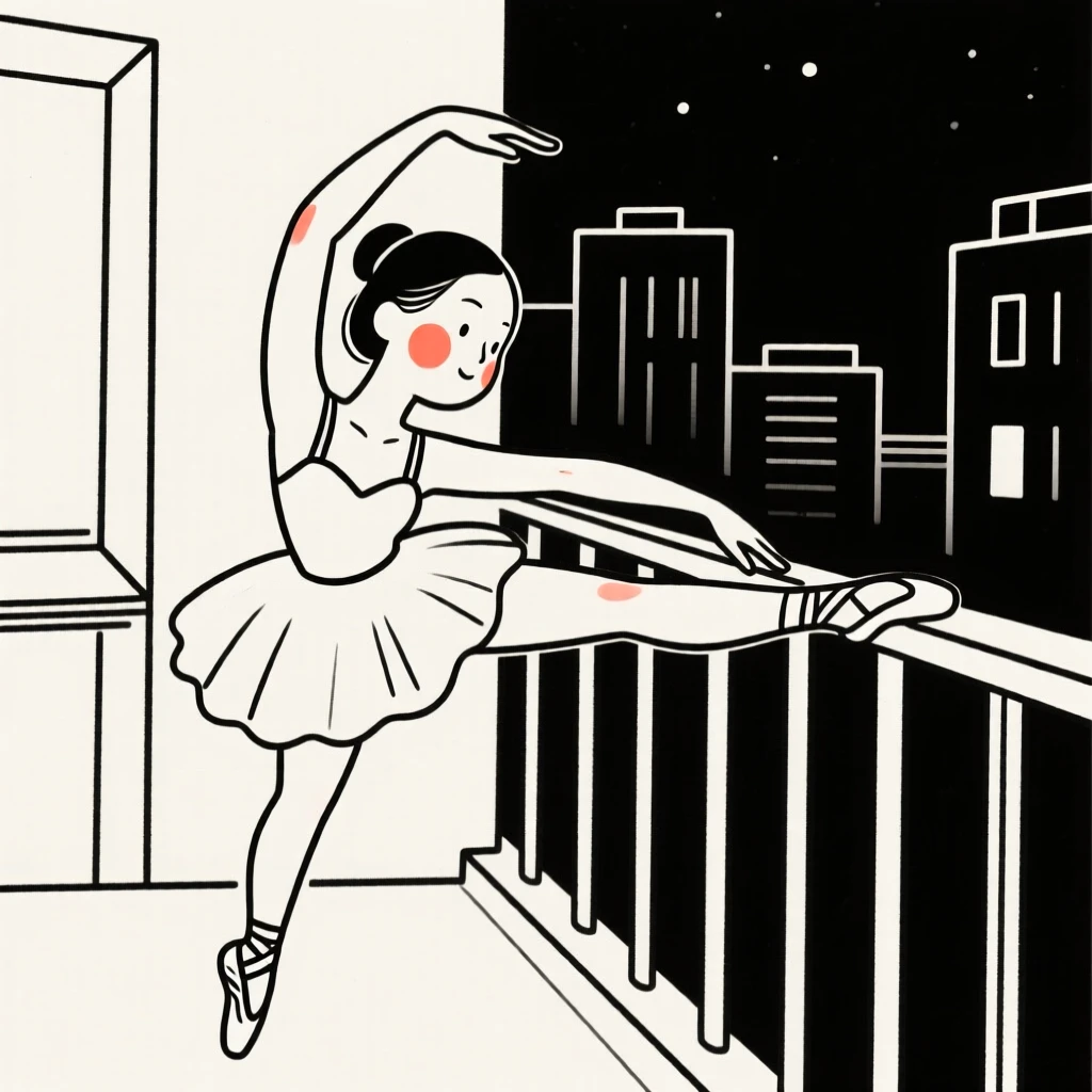 A ballet of vietnamese heritage dancer stretching backstage, resting in calm stillness, on a city balcony at night.
