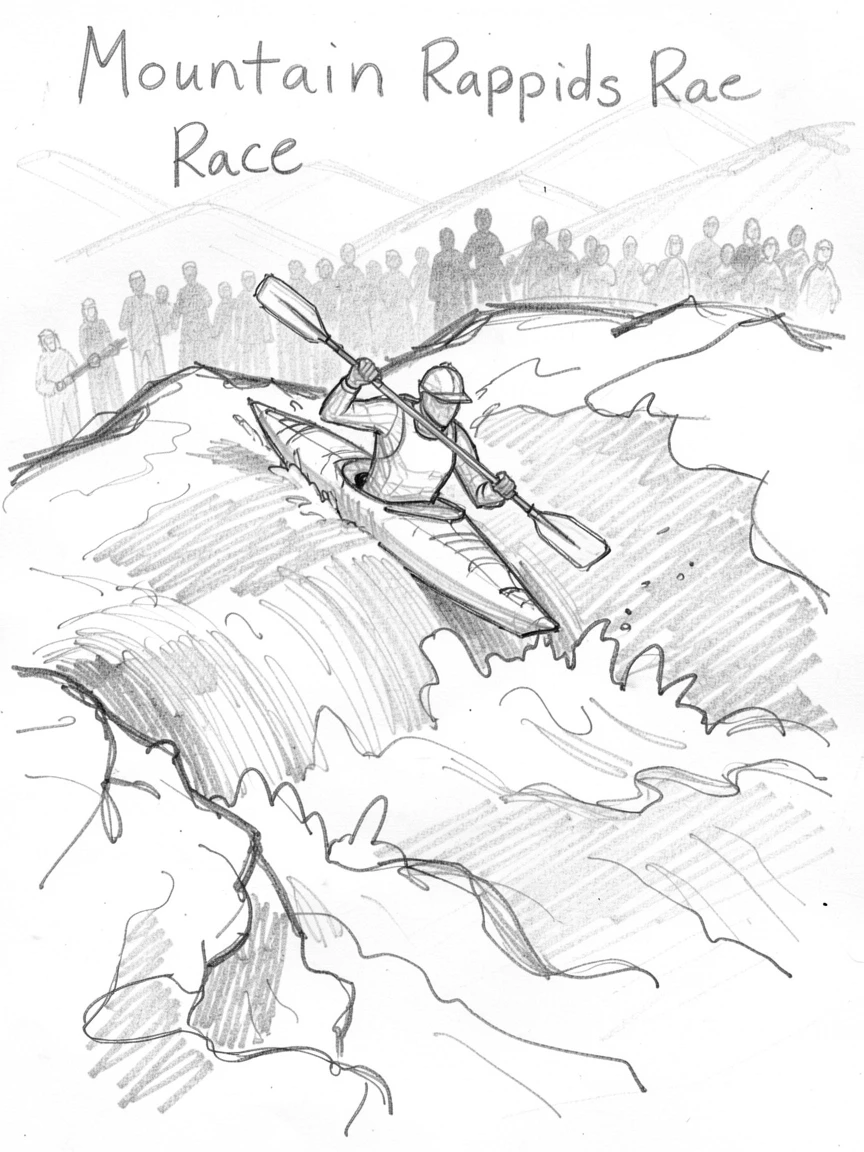 A kayaker paddling through churning rapids, atop a snowy mountain peak, with the crowd blurred in the background.