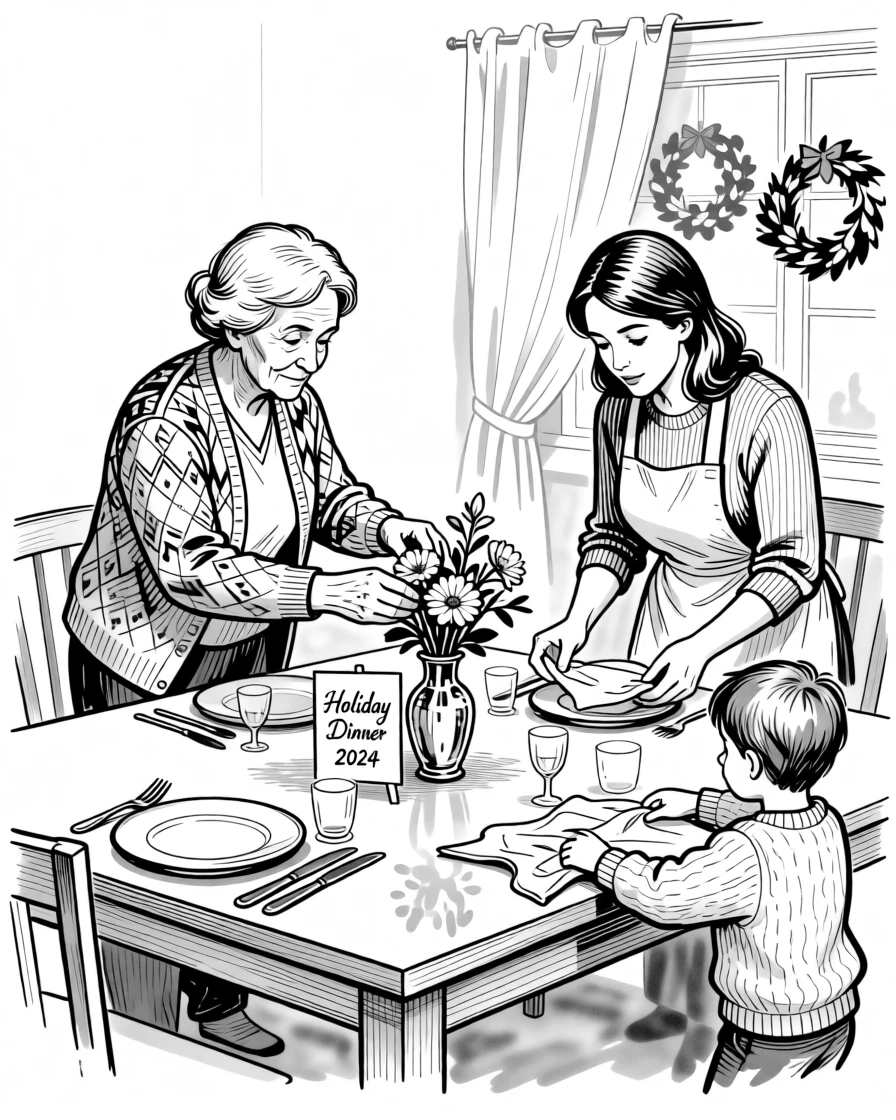 A family setting the table together for a holiday dinner.