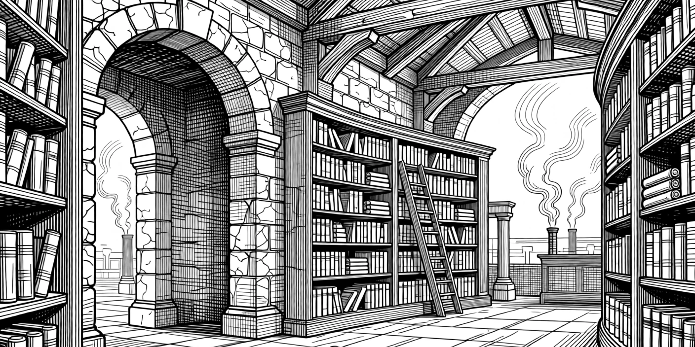 An ancient library filled with scrolls as smoke rises gently from nearby chimneys, with the rich texture of aged stone and wood, portrayed in a solemn and dignified historical scene.