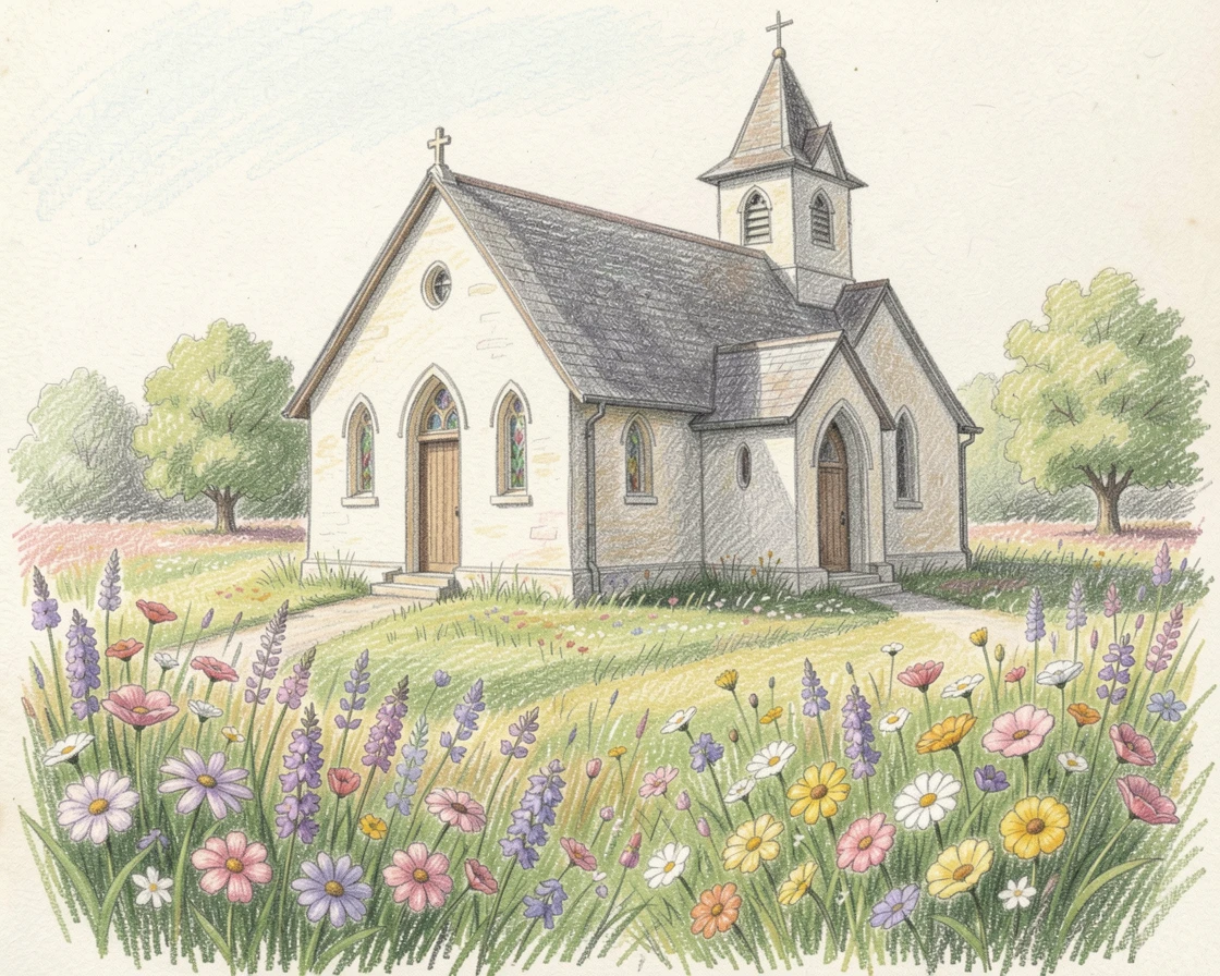 A quiet countryside chapel surrounded by blooming wildflower meadows, captured in a quiet, intimate moment full of atmosphere, perfect for anyone drawn to gentle, heartfelt imagery.