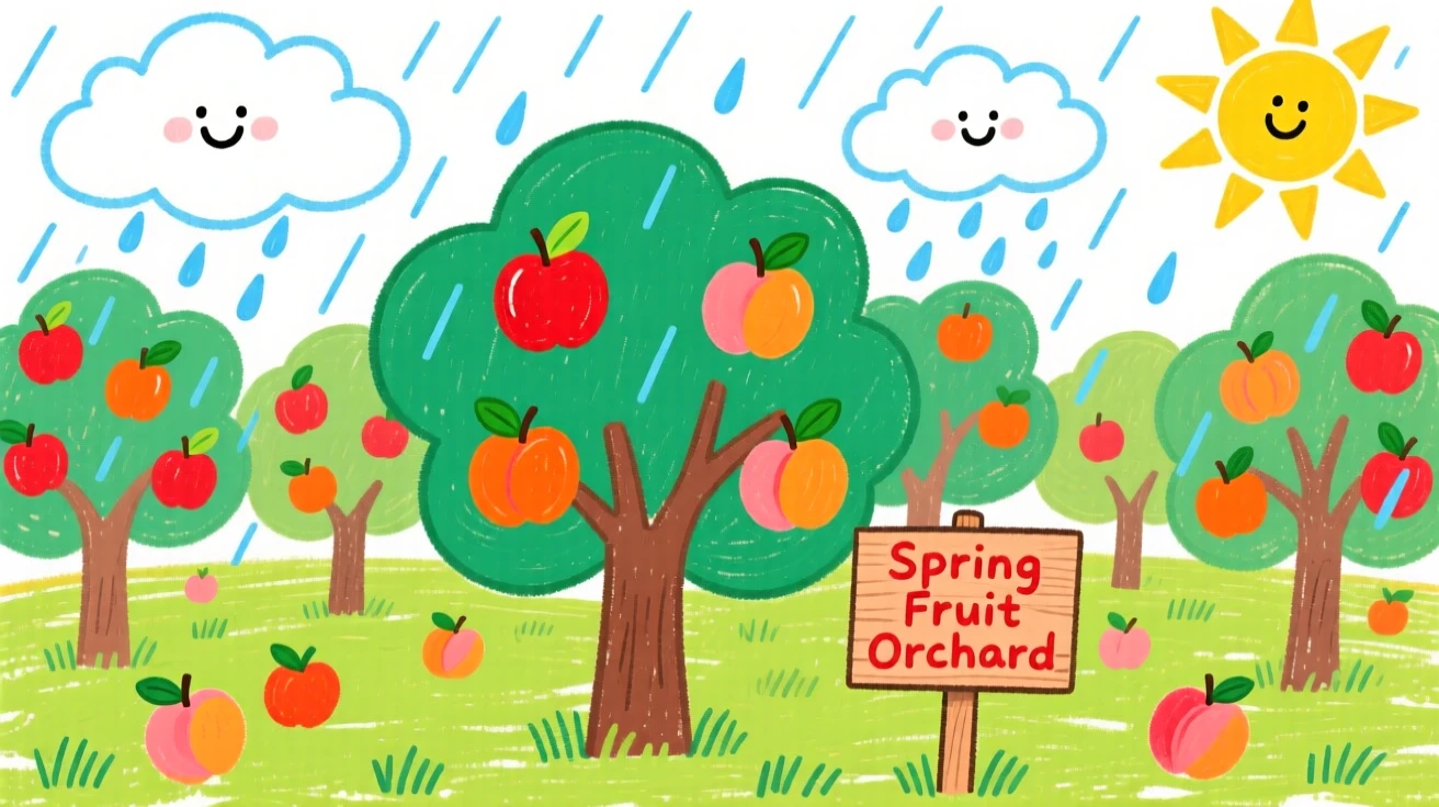 A orchard heavy with ripe fruit during a gentle spring rain shower.