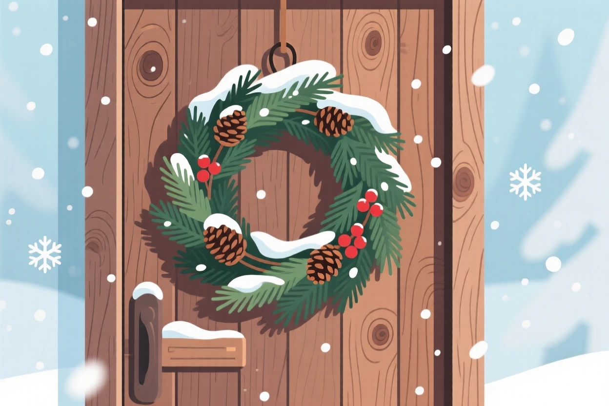 A snow-dusted evergreen wreath hanging on a rustic door, set against a backdrop celebrating the season's charm, composed to capture the unique charm of the season, with a fresh, crisp atmosphere throughout.