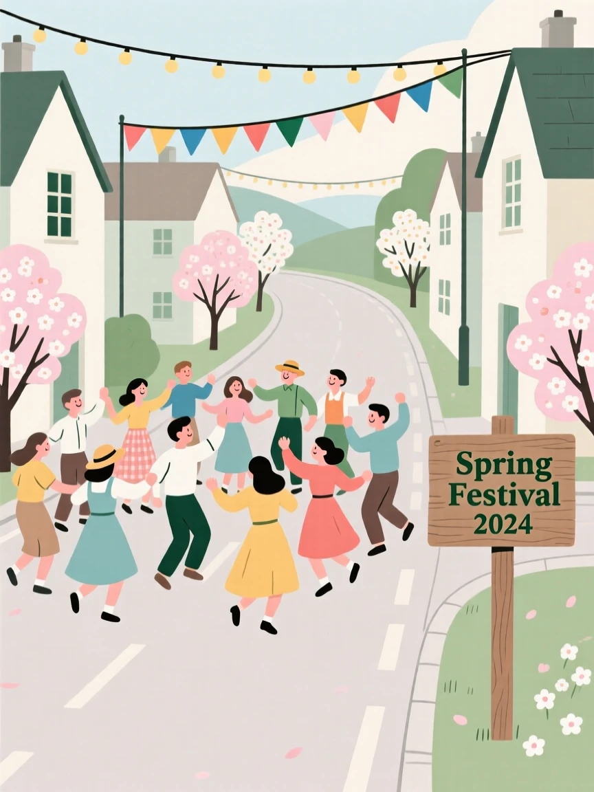 A spring celebration with dancing crowds filling a village street.